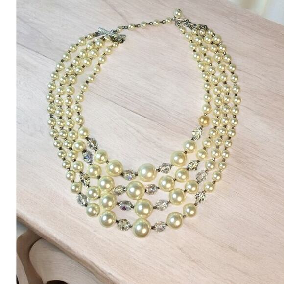 Vintage Faux Pearl and AB Crystal Multi-strand Signed Japan Necklace - Picture 4 of 6